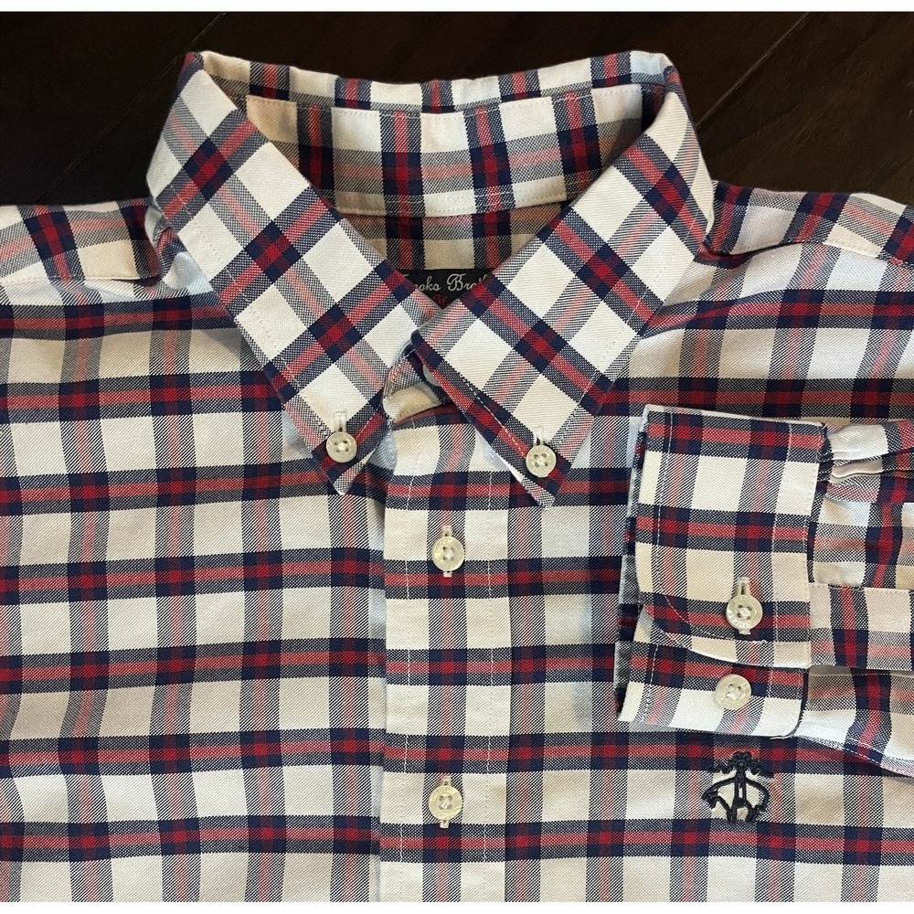 Brooks Brothers Button Down Shirt Boys Lg Red Navy Plaid Non-Iron Preppy Holiday